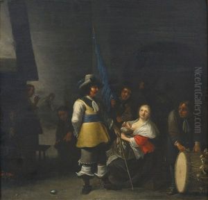 Interior Of A Guardroom With Soldiers, An Officer And A Young Woman by Anthonie Palamedesz