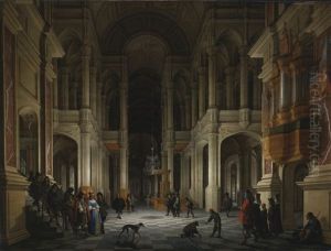 The Interior Of A Renaissance-style Church At Night With An Elegant Couple Making An Entrance by Anthonie Palamedesz