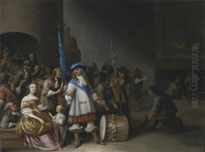 A Guardroom Interior With An Officer, His Men, A Mother And Child by Anthonie Palamedesz