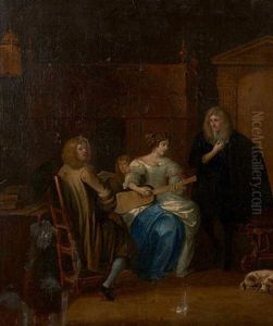 Femme Jouant Du Luth Et Deux Hommes Dans Un Interieur by Anthonie Palamedesz