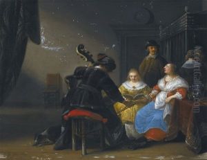 An Interior Scene With Two Ladies Singing, A Man Playing The Cello by Anthonie Palamedesz