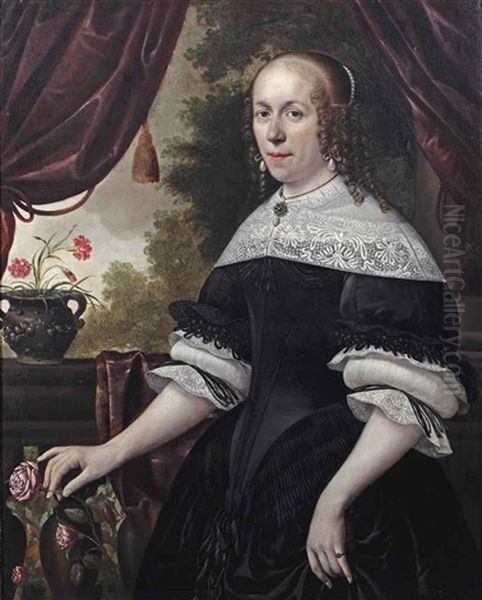 Portrait Of A Lady, Three-quarter-length, In A Black Dress With White Lace, A Pearl And Granite Parure And Pearls In Her Hair, Holding A Pink Rose... - view 1