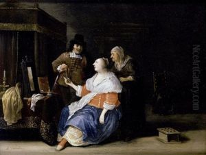 Interieur Mit Einem Jungen Madchen Und Einem Herren, Die Von Einer Alteren Dame Begleitet Werden by Anthonie Palamedesz