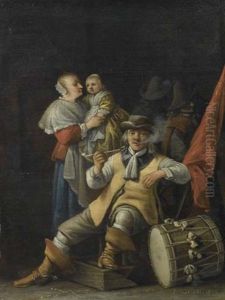 Pfeifen Rauchender Soldat, Eine Frau Mit Kind by Anthonie Palamedesz