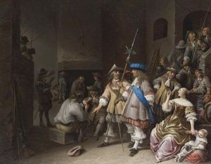 A Guardroom Interior With A Company Of Pikemen, Card Players And A Woman And Child by Anthonie Palamedesz