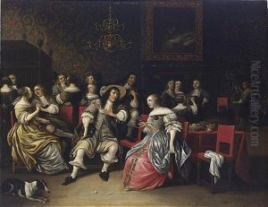 An Elegant Musical Company In An Interior With A Gentleman Playing A Lute by Anthonie Palamedesz