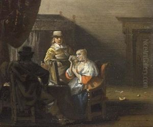 A Brothel Scene With A Lady Seated In Front Of A Mirror Combing Her Hair, And Two Men Around A Table