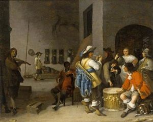 A Kortegaardje With Soldiers Smoking And Playing Dice On A Drum, Together With A Servant And Violin Player In A Guardroom by Anthonie Palamedesz