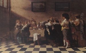 An Elegant Company Eating And Drinking At A Table, With A Man Playing A Lute by Anthonie Palamedesz