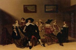 A Wedding Breakfast With The Bride And Groom Seated At Left, Other Figures Seated Around A Table by Anthonie Palamedesz