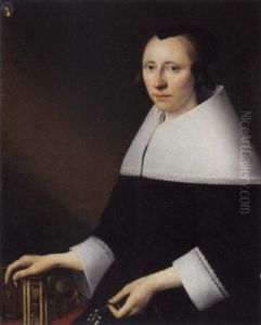 Portrait Of A Lady, Aged 38, In A Black Dress With A White Falling Collar And Cuffs, With A Medallion Of A Man