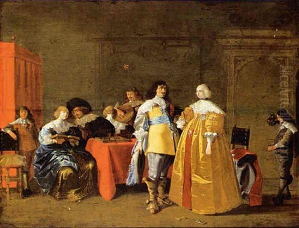 Elegant Figures Drinking, Making Music And Playing Backgammon In An Interior - view 1