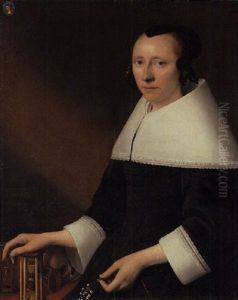 Portrait Of A Lady In A Black Dress With A White Falling Collar And Cuffs, A Medallion Of A Man Depicted Upper Right