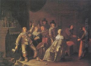 Interior With Cavaliers And Ladies Drinking by Anthonie Palamedesz