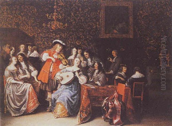 An Elegant Company Playing Music And Merrymaking In An Interior - view 1
