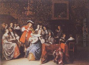 An Elegant Company Playing Music And Merrymaking In An Interior by Anthonie Palamedesz