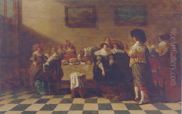 A Servant Offering A Glass Of Wine To An Elegant Couple Sitting By A Table Laden With Pastries - view 1