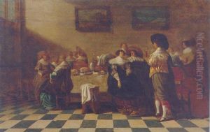 A Servant Offering A Glass Of Wine To An Elegant Couple Sitting By A Table Laden With Pastries A Servant Offering A Glass Of Wine To An Elegant Couple Sitting By A Table Laden With Pastries