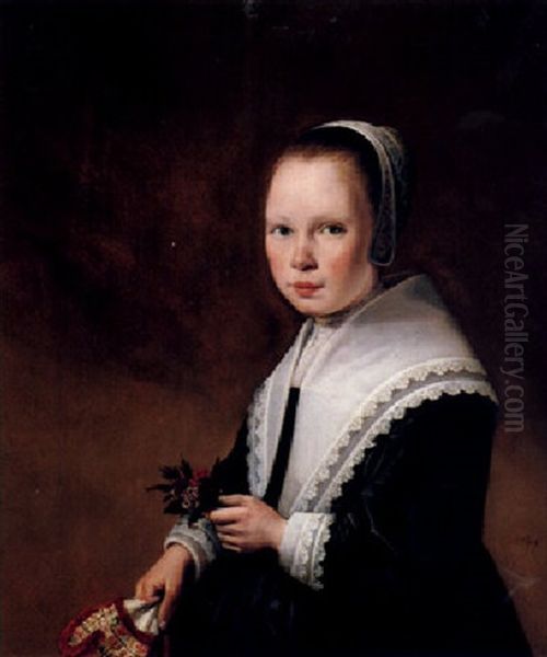 Portrait Of A Girl, Three Quarter Length, Holding Flowers In One Hand And Her Purse In The Other - view 1