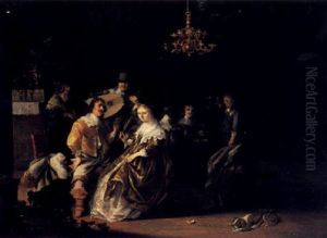 An Interior With Elegant Company Drinking And Making Music Gathered Round A Table by Anthonie Palamedesz