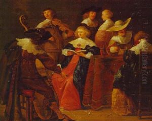 Elegant Company Drinking And Making Music In An Interior by Anthonie Palamedesz