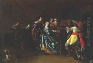 Elegant Company Making Music In An Interior by Anthonie Palamedesz