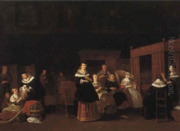 Interior With Women Attending To A Newborn Child - view 1