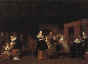 Interior With Women Attending To A Newborn Child by Anthonie Palamedesz