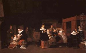 Interior With Women Attending To A Newborn Child by Anthonie Palamedesz