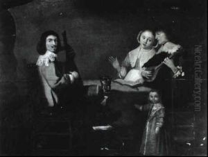 Elegant Company Making Music At A Table by Anthonie Palamedesz