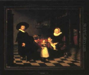 An Interior With A Family Seated At A Table