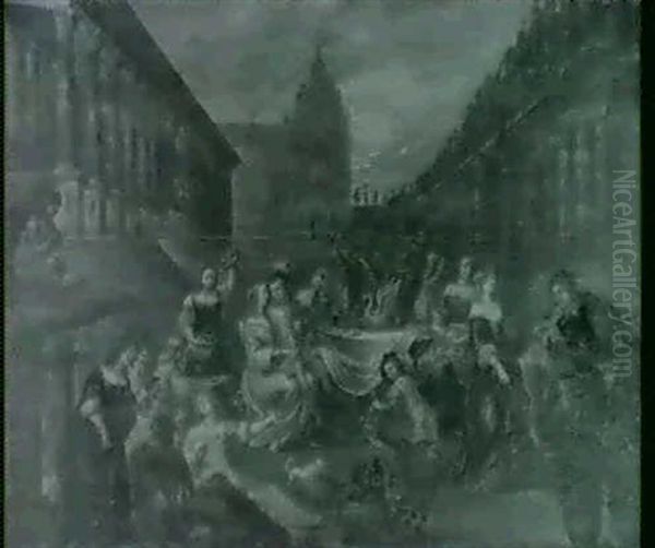 Elegant Company Merrymaking At A Table In A Palace Garden - view 1