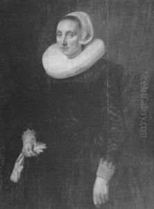 Portrait Of A Lady, Aged 30, Standing Three-quarter Length Wearing A Black Embroidered Dress With A White Ruff by Anthonie Palamedesz