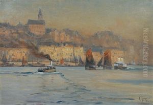 Blick Vom Meer Auf Ein Franzosisches Hafenstadtchen, Im Vordergrund Boote by Edmond (Falconnet) de Palezieux