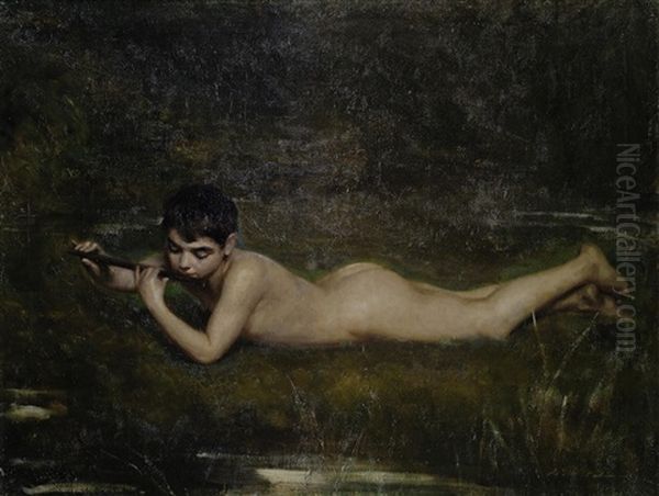 A Boy Playing A Flute By A River - view 1