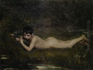 A Boy Playing A Flute By A River by William Mainwaring Palin