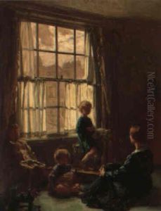 Interior, Moder Siddende Med Tre Born Legende Med Gyngehest Og Dukker+ by William Mainwaring Palin