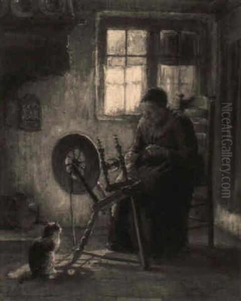 A Peasant Woman At A Spinning Wheel In An Interior - view 1
