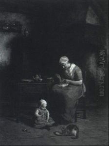 Dutch Cottage Interior With Mother And Child by Johannes Jacobus Paling