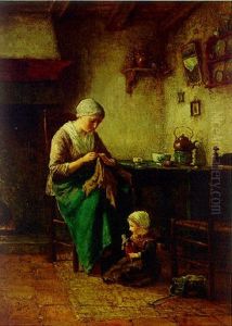 A Serene Cottage Interior Scene With Young Mother And Child by Johannes Jacobus Paling