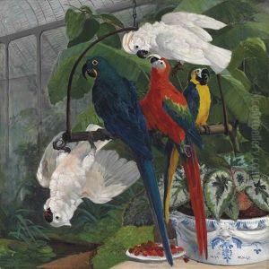 Parrots In A Tropical Glasshouse by Filippo Palizzi