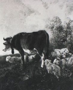 Stier Und Schafe Auf Einer Anhohe by Filippo Palizzi