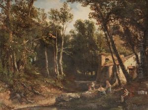 Lavandieres En Bord De Riviere by Giuseppe Palizzi