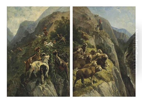 A Shepherdess With Her Flock In The Mountains (+ A Shepherd With His Goats In The Mountains; Pair) - view 1