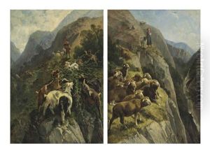 A Shepherdess With Her Flock In The Mountains (+ A Shepherd With His Goats In The Mountains; Pair) by Giuseppe Palizzi