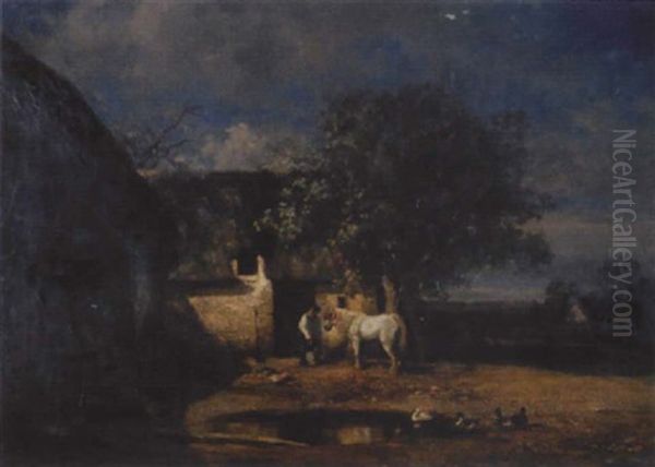 Bauerngehoft Mit Ententeich, Bauer Und Schimmel - view 1