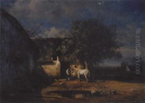 Bauerngehoft Mit Ententeich, Bauer Und Schimmel by Giuseppe Palizzi