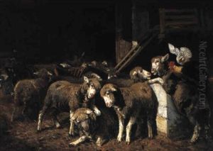 Sheep And A Cockerel In A Barn by Giuseppe Palizzi