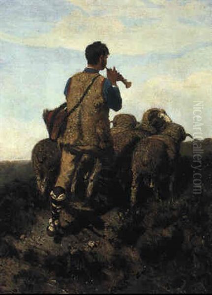 A Shepherd Playing His Flute With His Flock - view 1