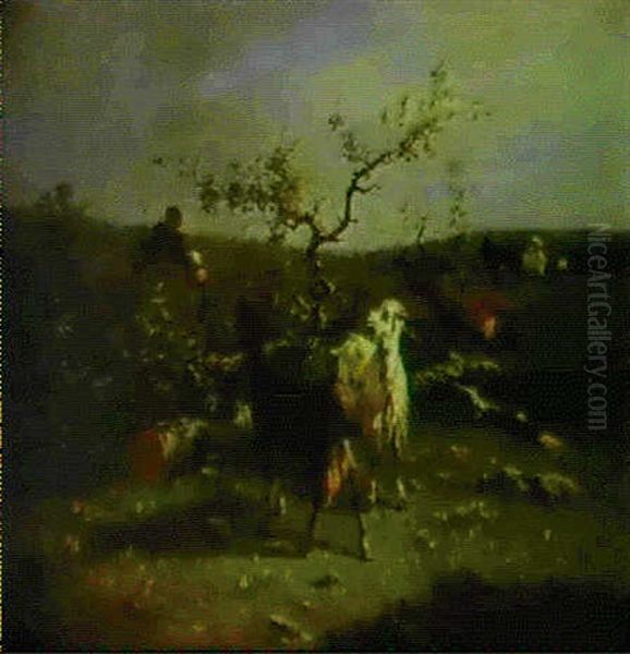 A Herd Of Goats By A Tree Trunk - view 1